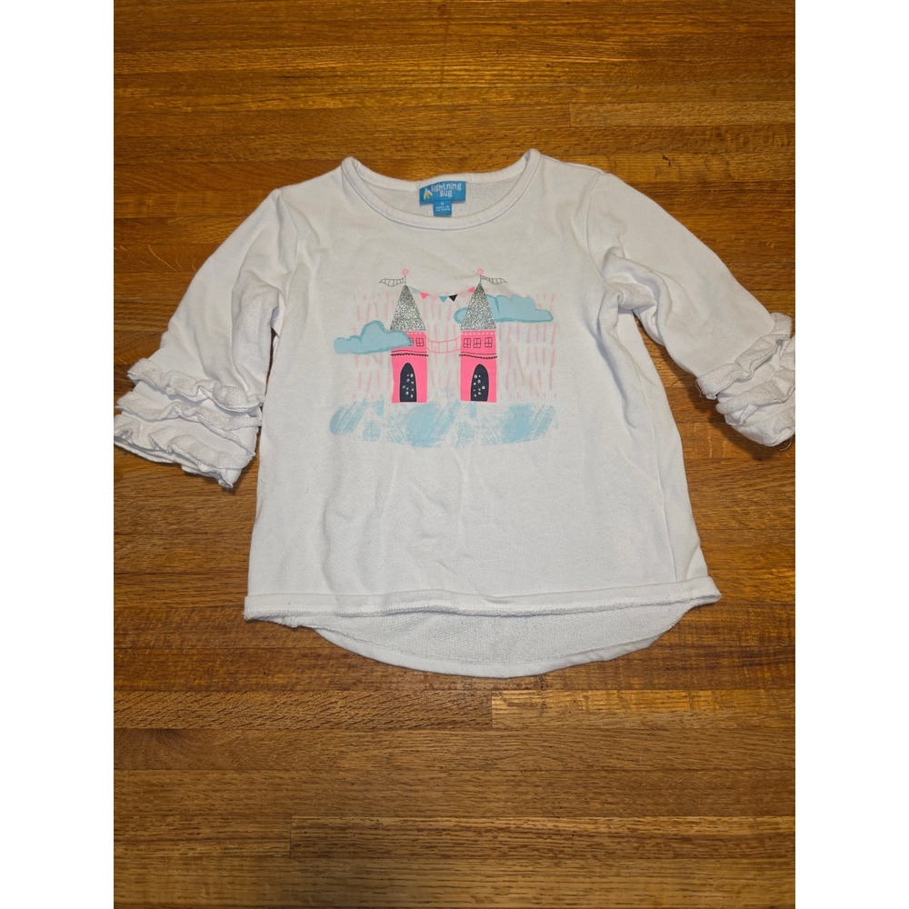 Lightning Bug Girls 6 White Pink Glitter Castle Ruffle Sleeve Graphic Sweatshirt